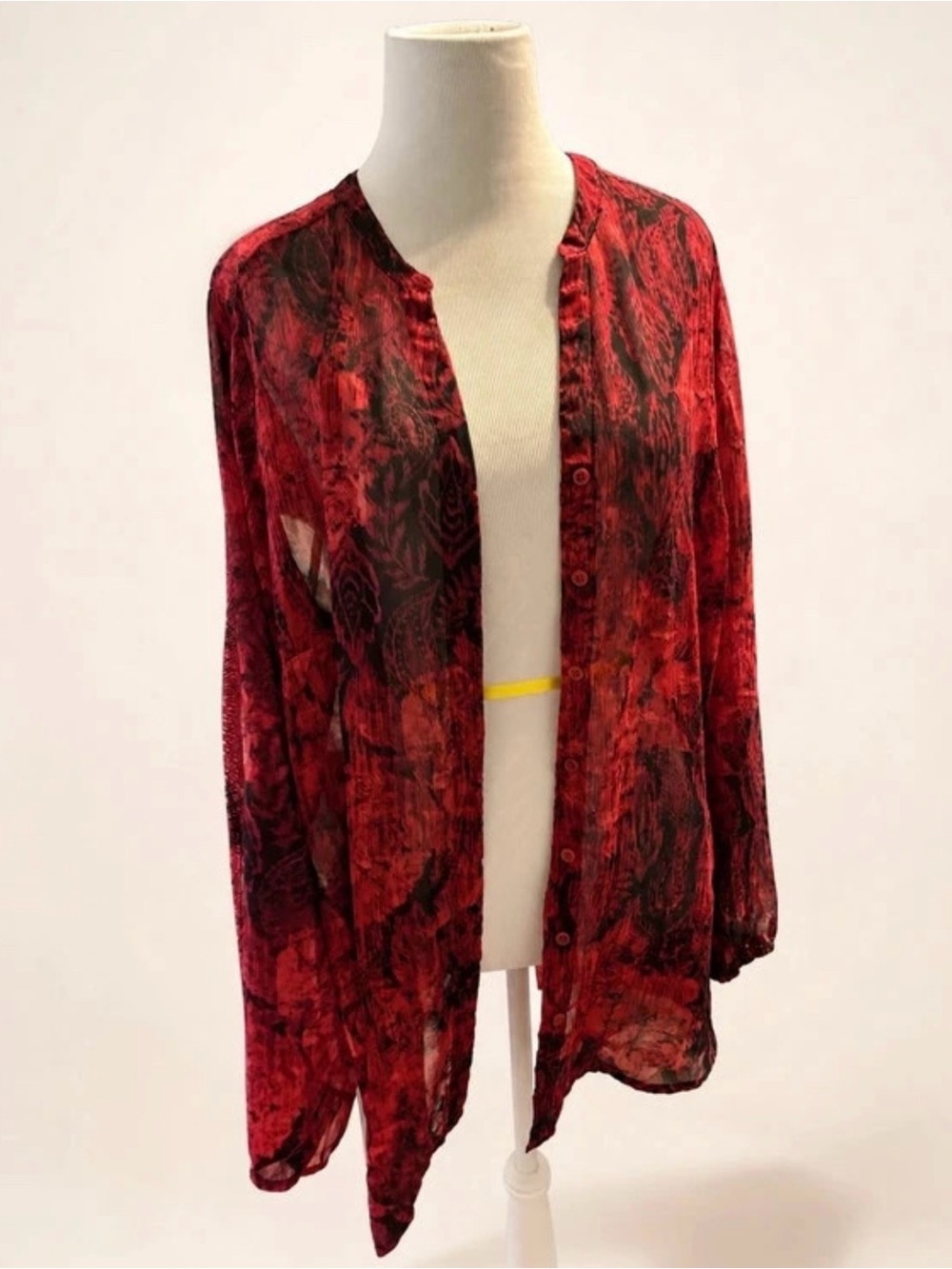 Beautiful sheer red-and-black printed tunic blouse by Faded Glory